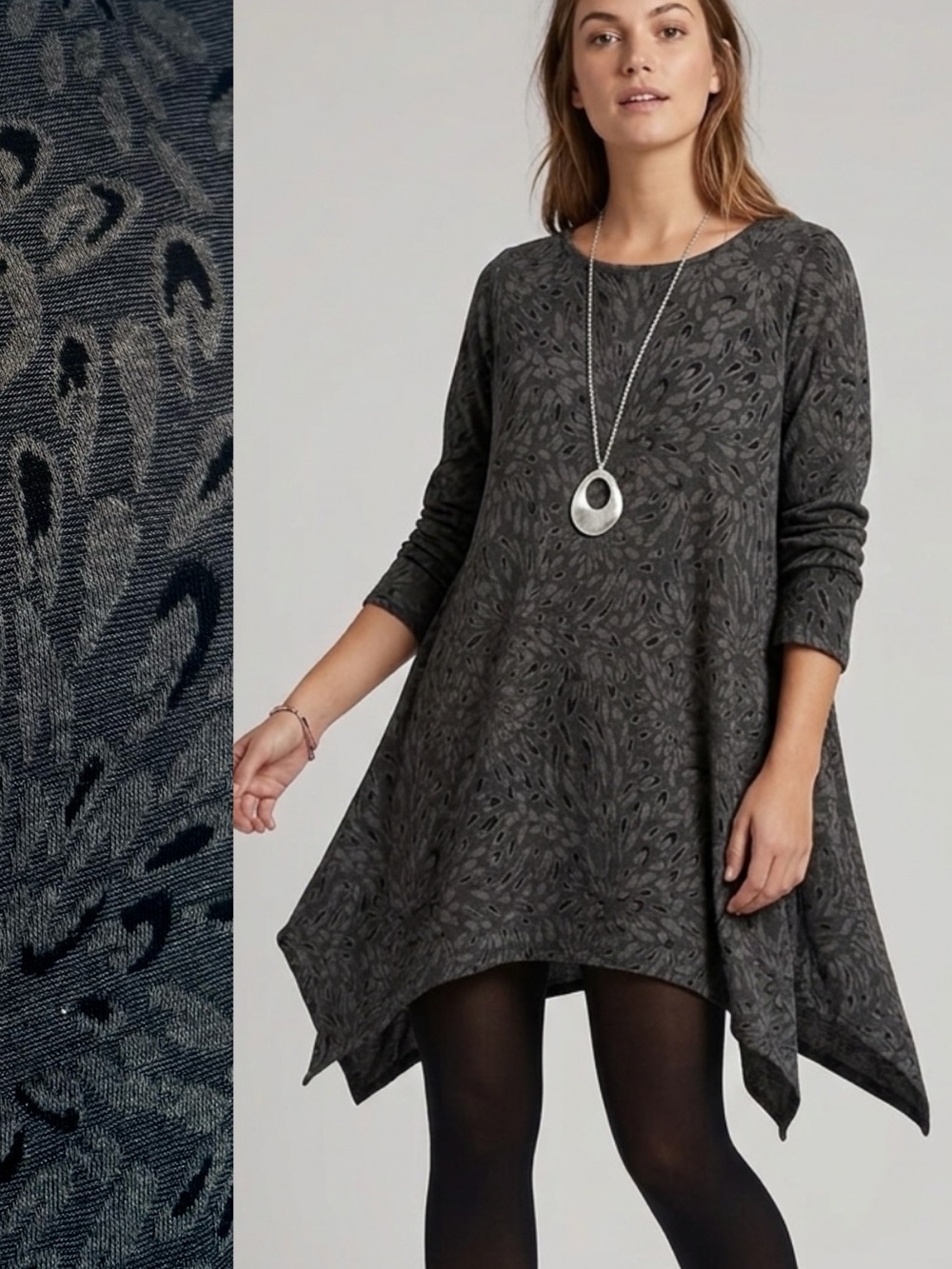 Cut Loose Floral Patterned Knit Long Sleeve Dress Size Small Grey Sharkbite Hem
